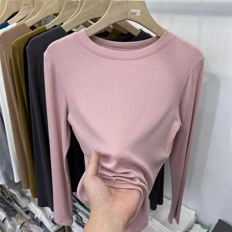 Autumn Office Lady Basic O-Neck Slim T-Shirt Women Solid Multi Color All-Match Trend Casual Top Screw Thread Long Sleeve Elastic