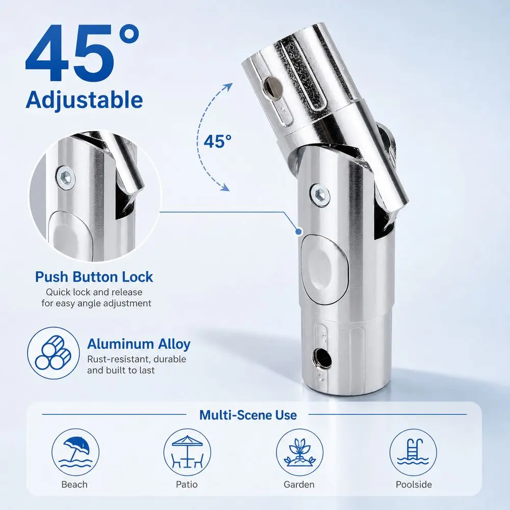 Aluminum Alloy Umbrella Tilt Adapter Bendable Joint Multi Angle Adjustable Umbrella Pole Joint Push Button Adjustment Silver