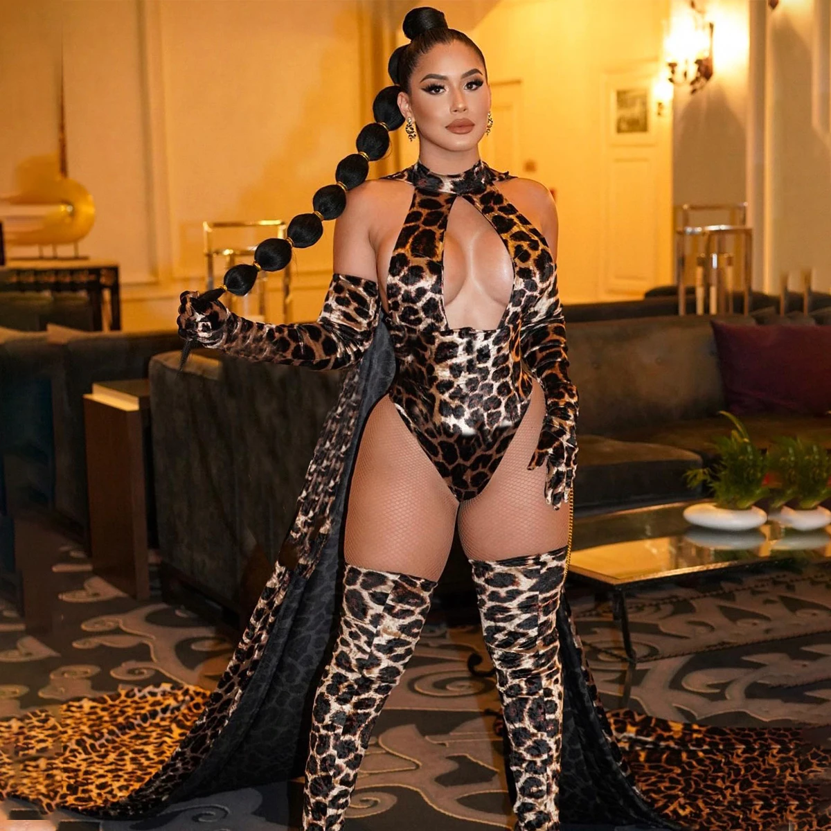 2025 Explosion Models Women\'s Sexy Lingerie Leopard Print Jumpsuit Hollow Jumpsuit Stockings Gloves Erotic three-piece Set