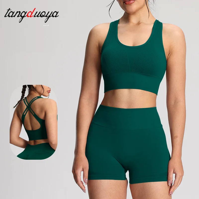 

2 PCS Women's Seamless Yoga Set Sexy Sport Bra High Waist Sports Shorts Gym Fitness Sleeveless Workout Suit Sporstwear