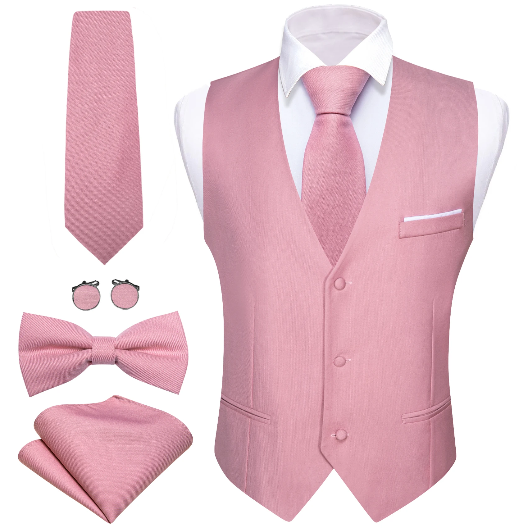 Luxury Silk Men\'s Vest Pink Waistcoat Tie Bowtie Pocket Square Set Sleeveless Jacket Formal Wedding Suit Barry Wang