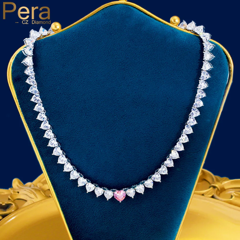 

Pera Amazing Daily Party Jewelry Pink CZ Crystal Love Heart Charm Silver Color Choker Necklaces for Women Fashion Accessory P040