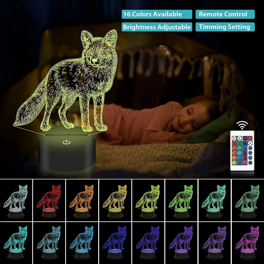 Nighdn Fox Night Light for Kids comodino Sleeping Lights Colorful 3D Illusion Lamp Boys Men Bedroom Decor Gifts festa di compleanno