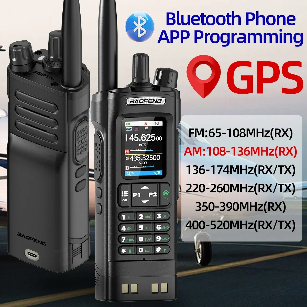 BAOFENG UV-32 GPS Walkie Talkie 10W Bluetooth Phone APP Programming Multi Band AM 1000CH Type-C Long Range for UV-5R Ham Radio