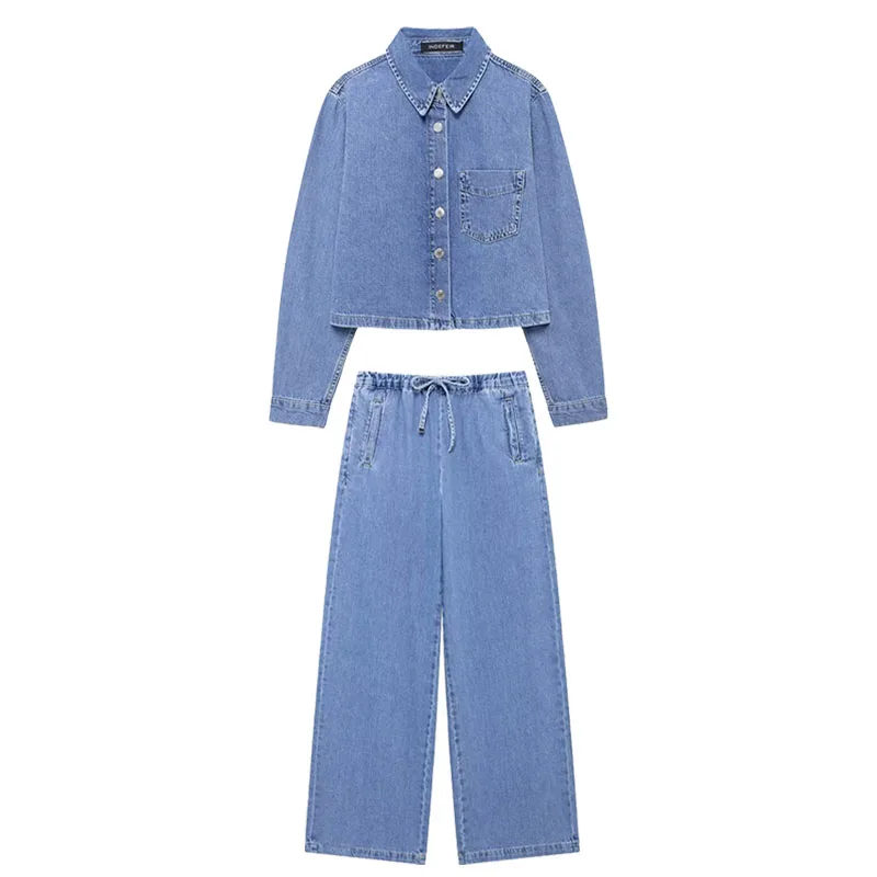 TRAFZA Female Fashion Set Turn-Down Collar Pocket Single Breasted Denim Shirt+High Waist Lace-Up Jeans Autumn Suit Woman Trendy