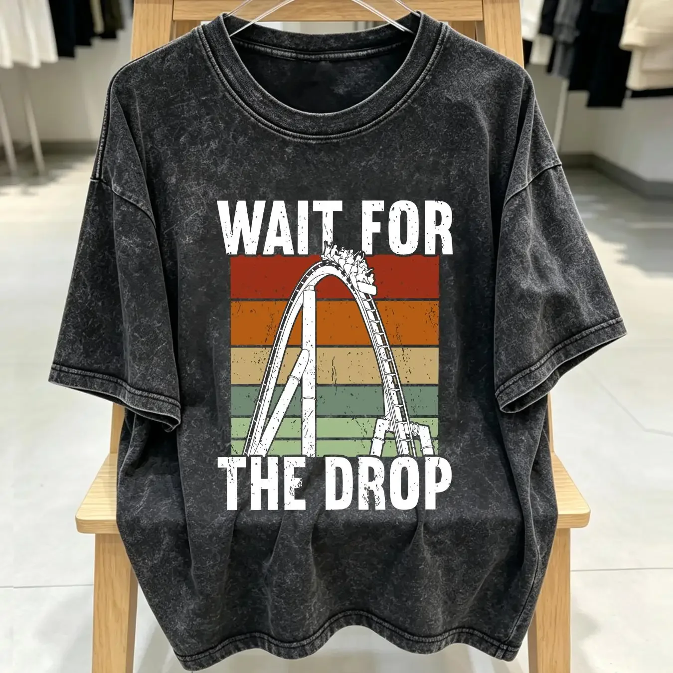 washed T Shirt NWT Wait For The Drop Roller Coaster Funny long or short sleeves vintage Washed Stylish Versatile streetwear