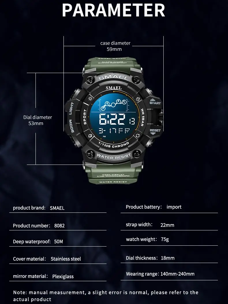 SMAEL LED Alarm Clock Military Watches Digital Watch 50M Waterproof 8082 Sport Watch For Men