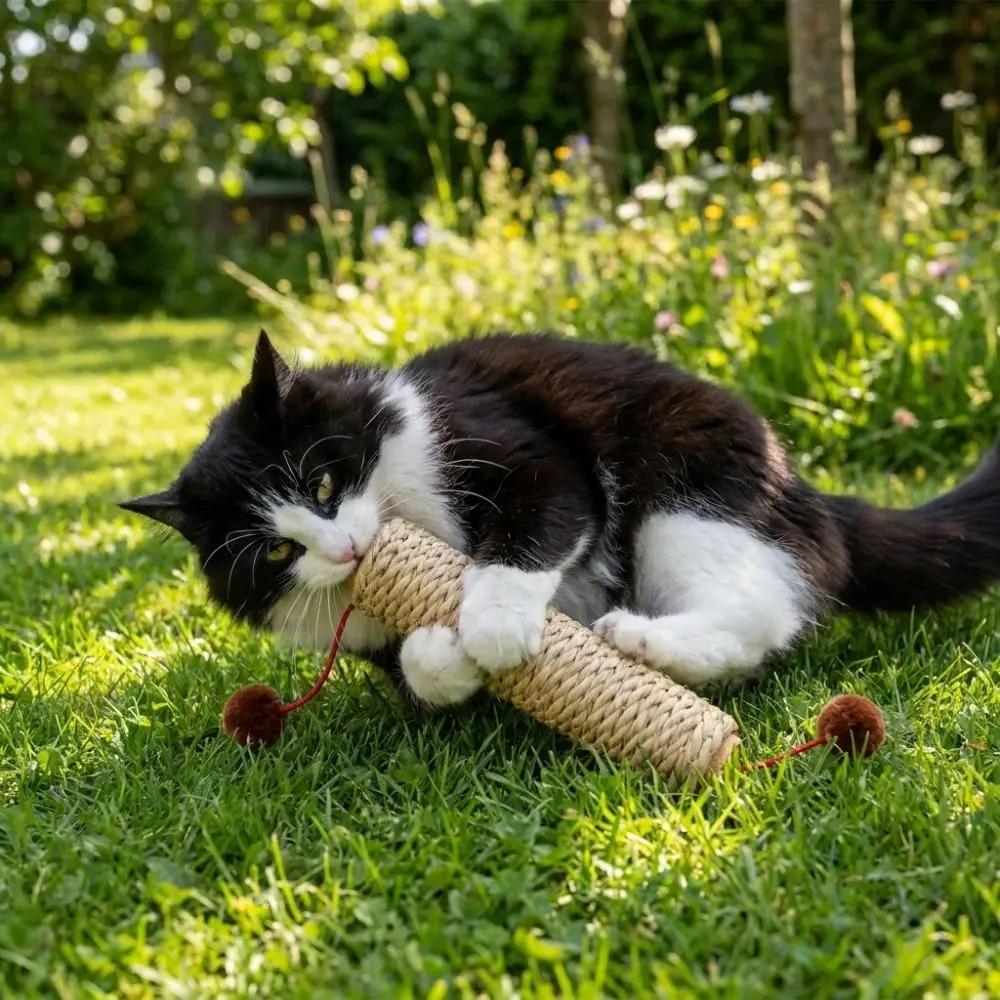 Bite Resistant Cat Chew Stick Grass Rope with Plush Ball Teasing Cat Stick Wooden Pet Teeth Cleaning Stick Cleaning Teeth