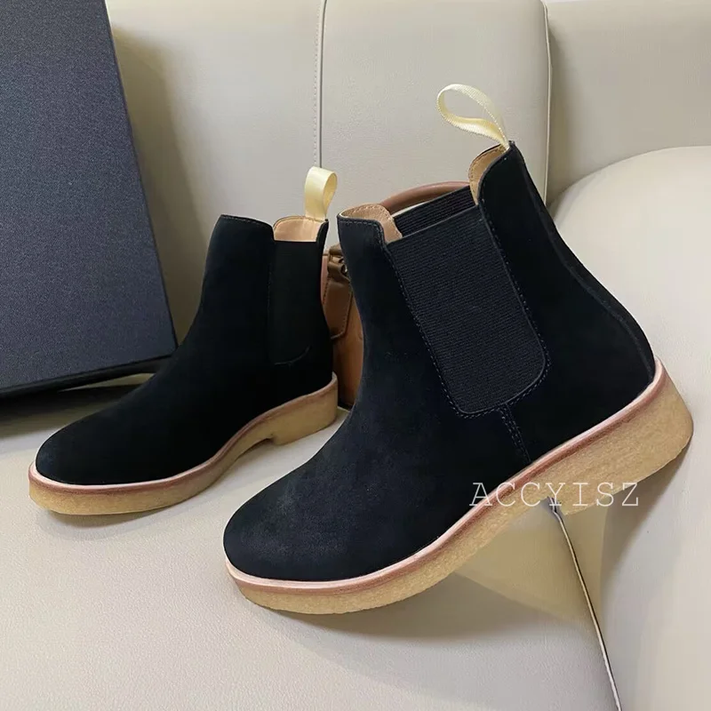 Autumn Winter Round Toe Suede Thick Bottom Short Boots Unisex Solid Color Elastic Band Ankle Boots British Style Riding Botas