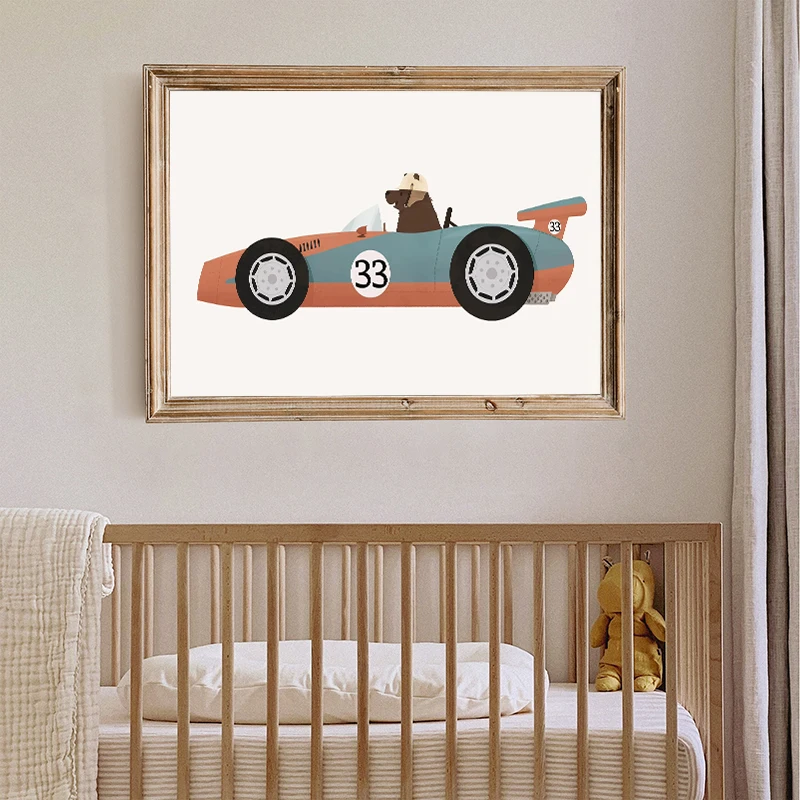 Zebra Giraffe Cartoon Animals Drive Cars Poster Print Wall Art Canvas Painting Nursery Picture for Kid Room Home Decor Gift
