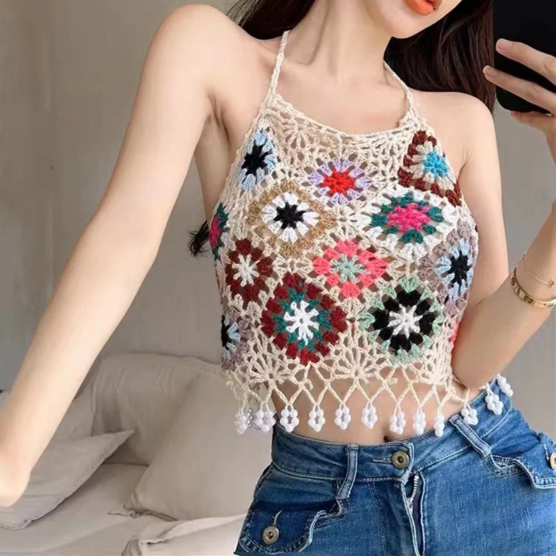 OUMEA Women Handmade Crochet Sexy Tops Halter Neck Backless Crop Tops With Beaded Fringe Multi Color Beach Tops