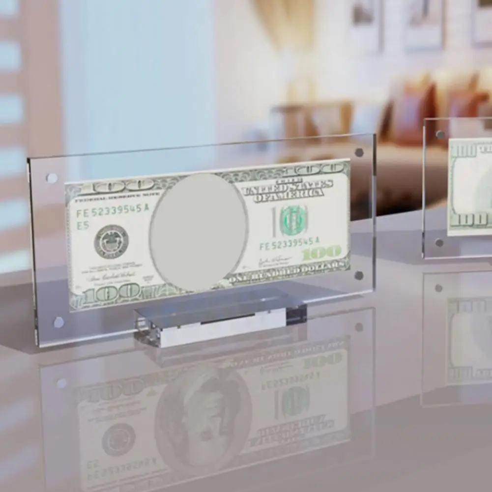 Money Display Holder Double Sided Acrylic Money Frame with Base for Desktop Display Transparent Holder for Smooth Edge Design