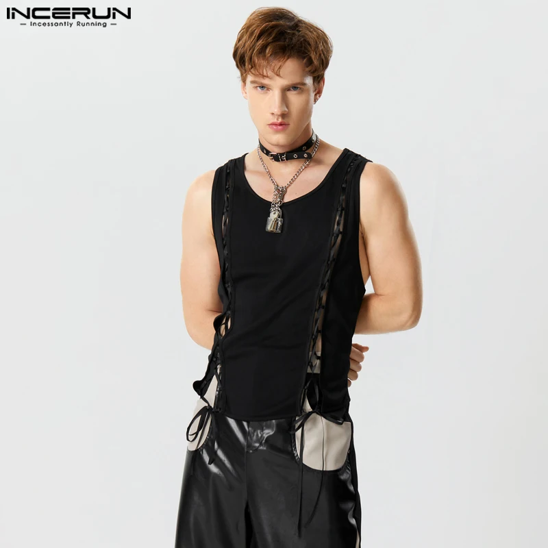 2023 Men Tank Tops Solid Color O-neck Sleeveless Fashion Casual Vests Lace Up Hollow Out Streetwear Men Clothing S-5XL INCERUN