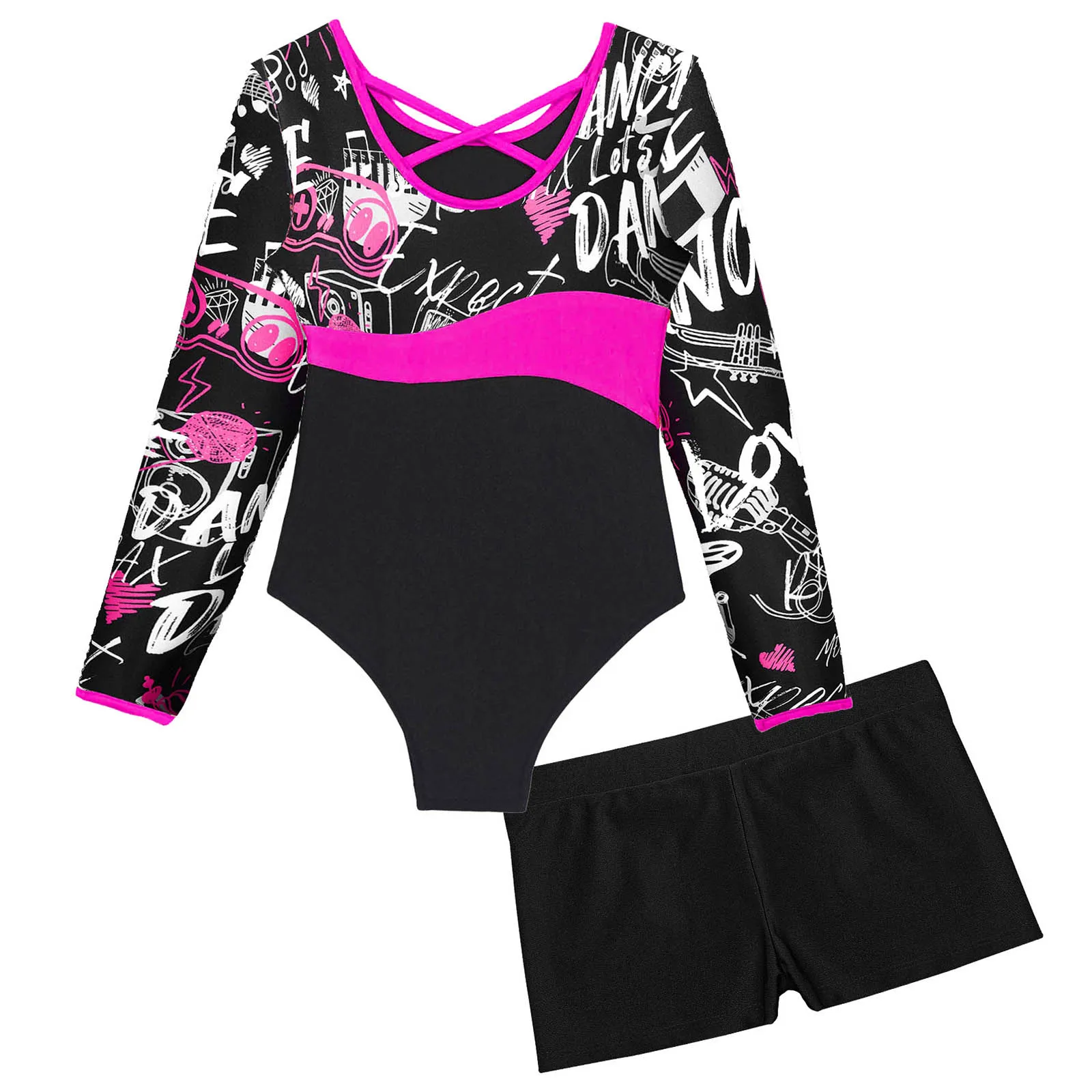 Collant de balé com shorts infantis, macacão de ginástica de manga comprida para meninas, ginástica esportiva, treino dancewear