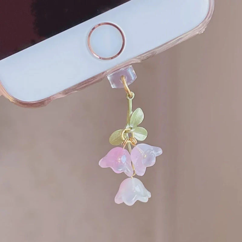 New 1PC For Phone/Type-C Interface Cute Pink Lily Of The Valley Phone Charm Flower Green Leaf Dust Plug DIY Accessories