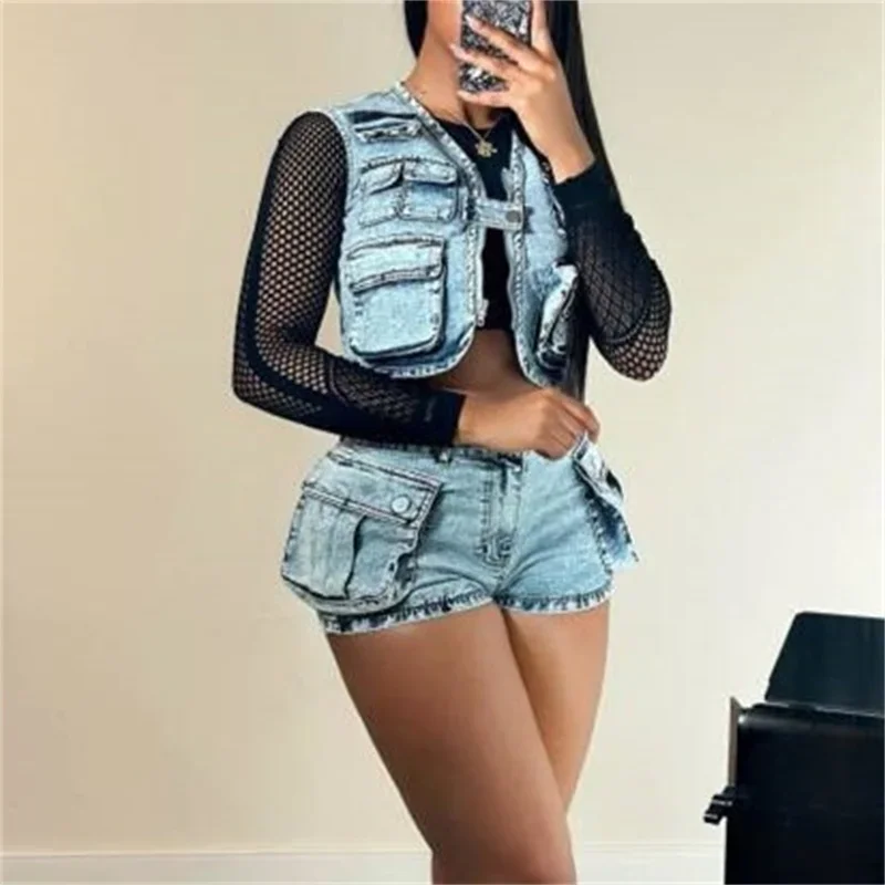 Vintage Zipper Cardigan Short Jacket Women 3D Pocket Splicing Two Piece Sets Denim Shorts Stretch Female Suits Trend Streetwear