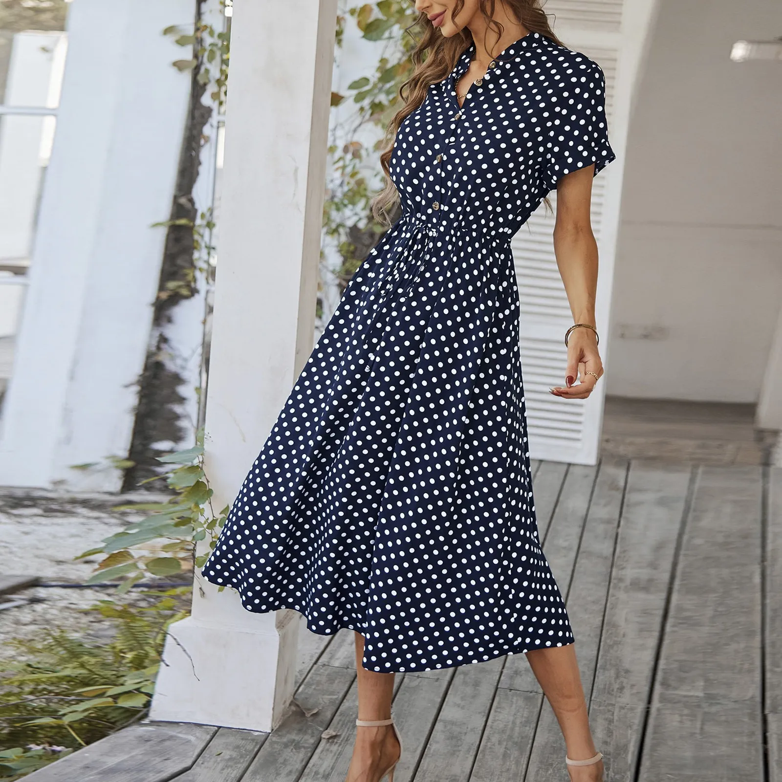 Elegant retro polka dot dress Women's Summer Midi Dress V Neck Single Breasted Short Sleeve Dresses Fashion Print Dress