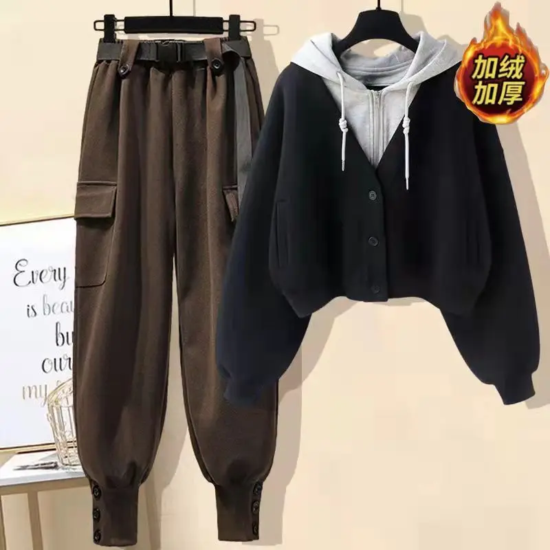 Conjunto de jaqueta e calça feminina com capuz, coleção outono e inverno, calça de trabalho pelúcia e grossa, 2 peças