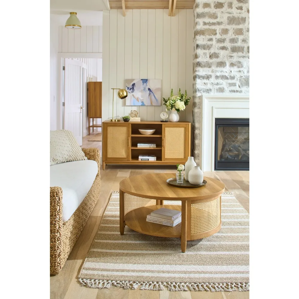 Springwood Caning Coffee Table,  solid wood accents,Light Honey Finish