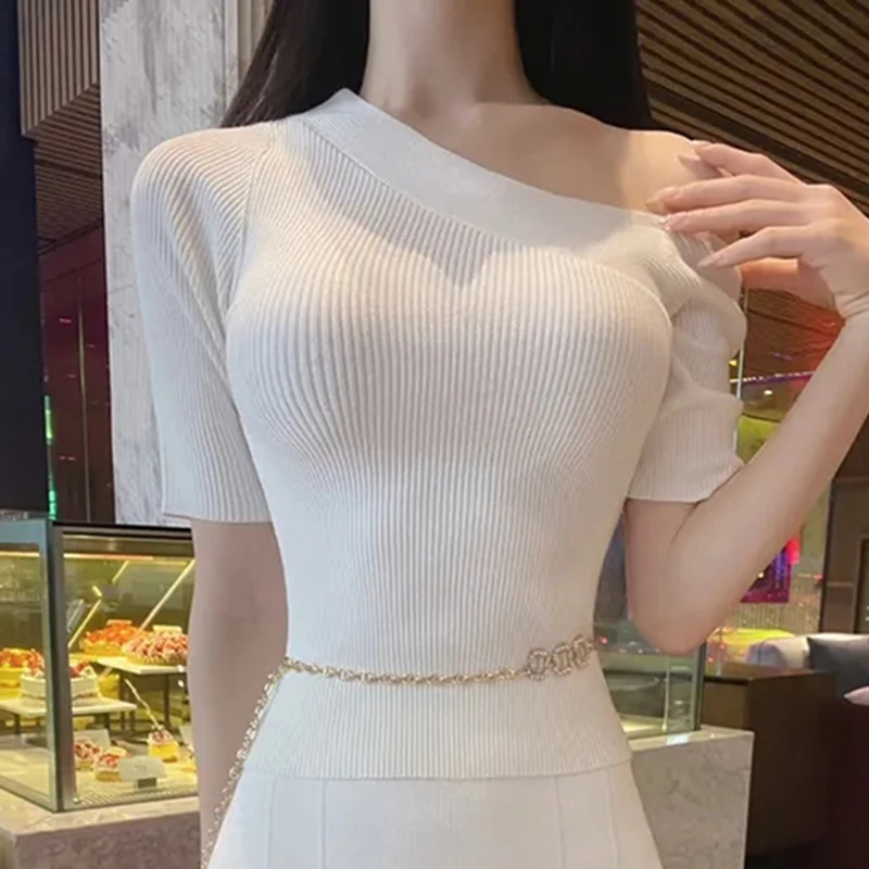 Slim Fit Knitted Top Women Summer Short Sleeve Asymmetrical Collar Baring One Shoulder Sexy Korean Style Commute Fashion
