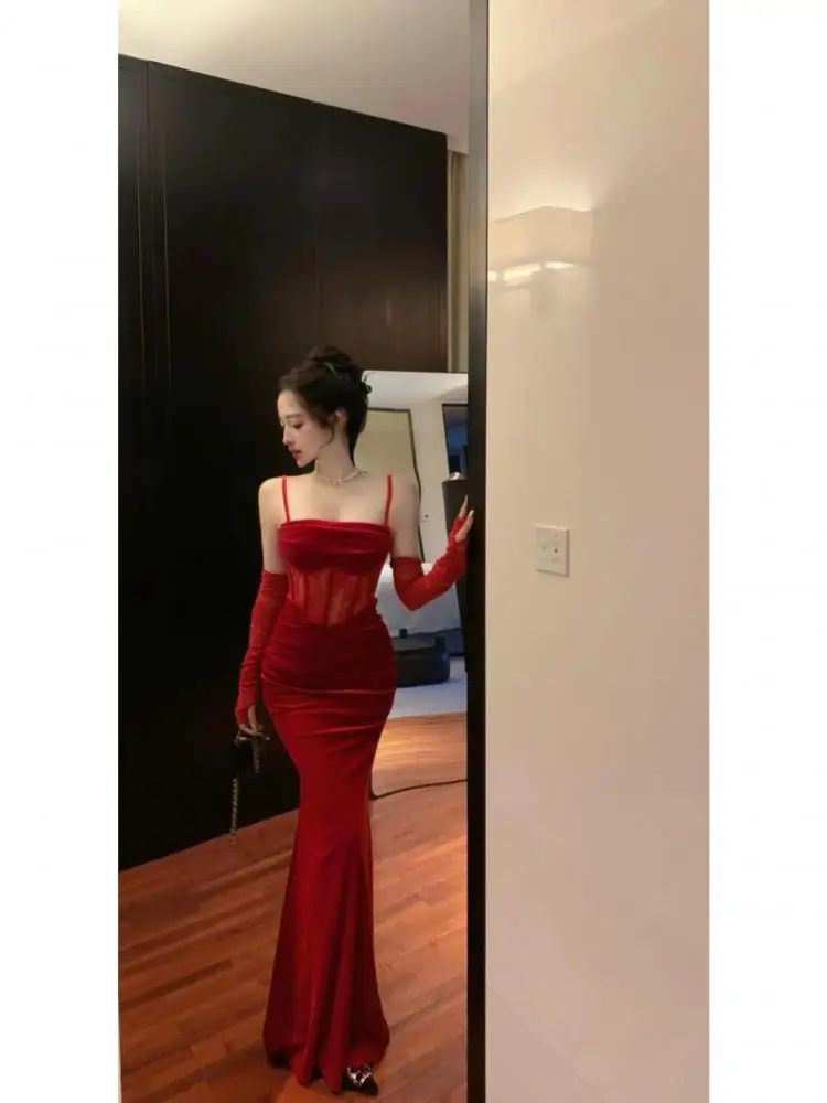 

Vintage French Women Red Velvet Patchwork Lace Sexy Cuff Sleeve Pleated Slip Long Dress Autumn Slim Elegant Backless Party Dress