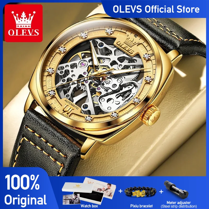 OLEVS Men\'s Watches Top Brand Hollow Out Automatic Mechanical Wristwatch Waterproof Luminous Leather Strap Watch for Man Fashion