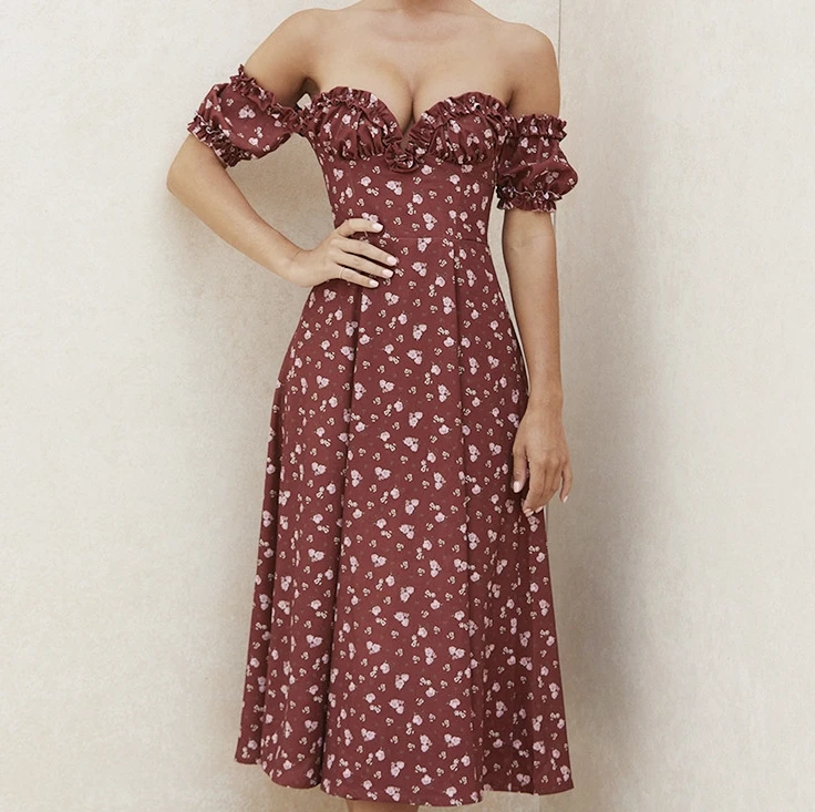 

Women's Summer Floral Print Off-Shoulder Midi Dress Ruffled Neckline and Puff Sleeves Dress
