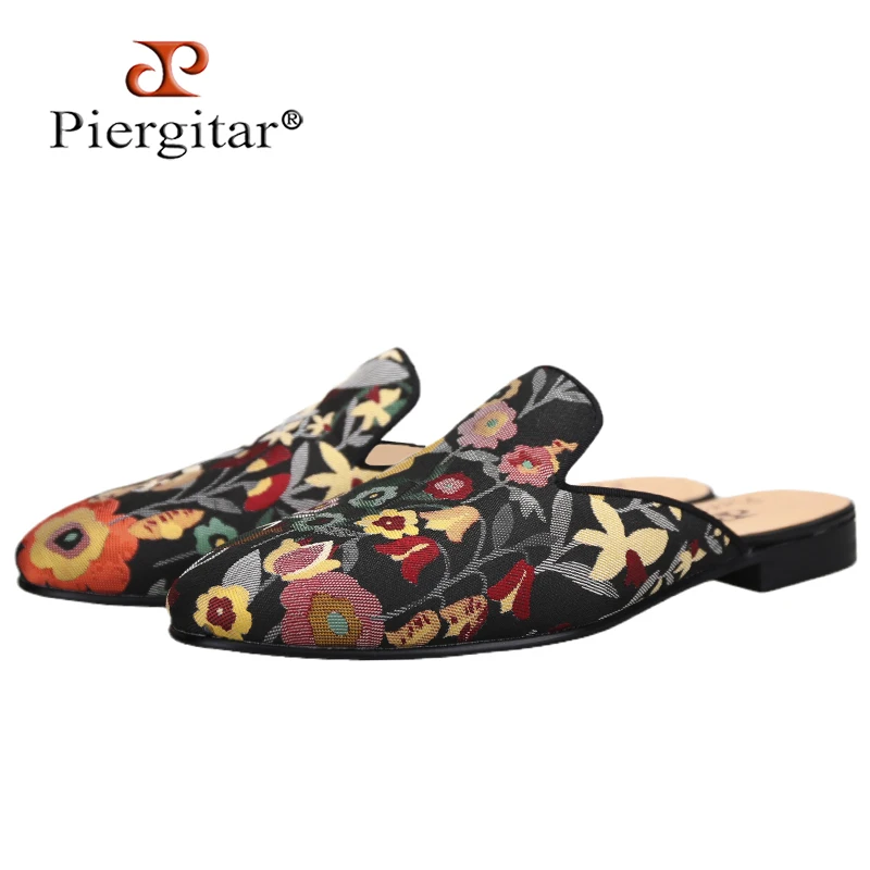 Piergitar Summer Model Multi-Color Florals Cotton Men's Mules Handmade Ethnic Style Slip-On Slippers Breathable Leather Insole