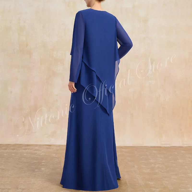 2 Pieces Beads Mother of the Bride Dress Chiffon O-Neck Floor-Length A-Line Wedding Guest Party for Women 2023 Formal Evening