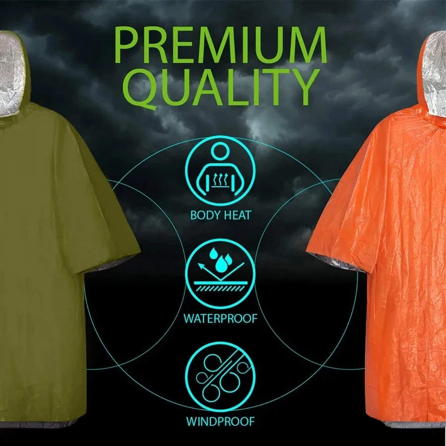 

Emergency Survival Rain Poncho - Thermal Space Blanket, Heat - Reflective & Waterproof for Camping/Hiking
