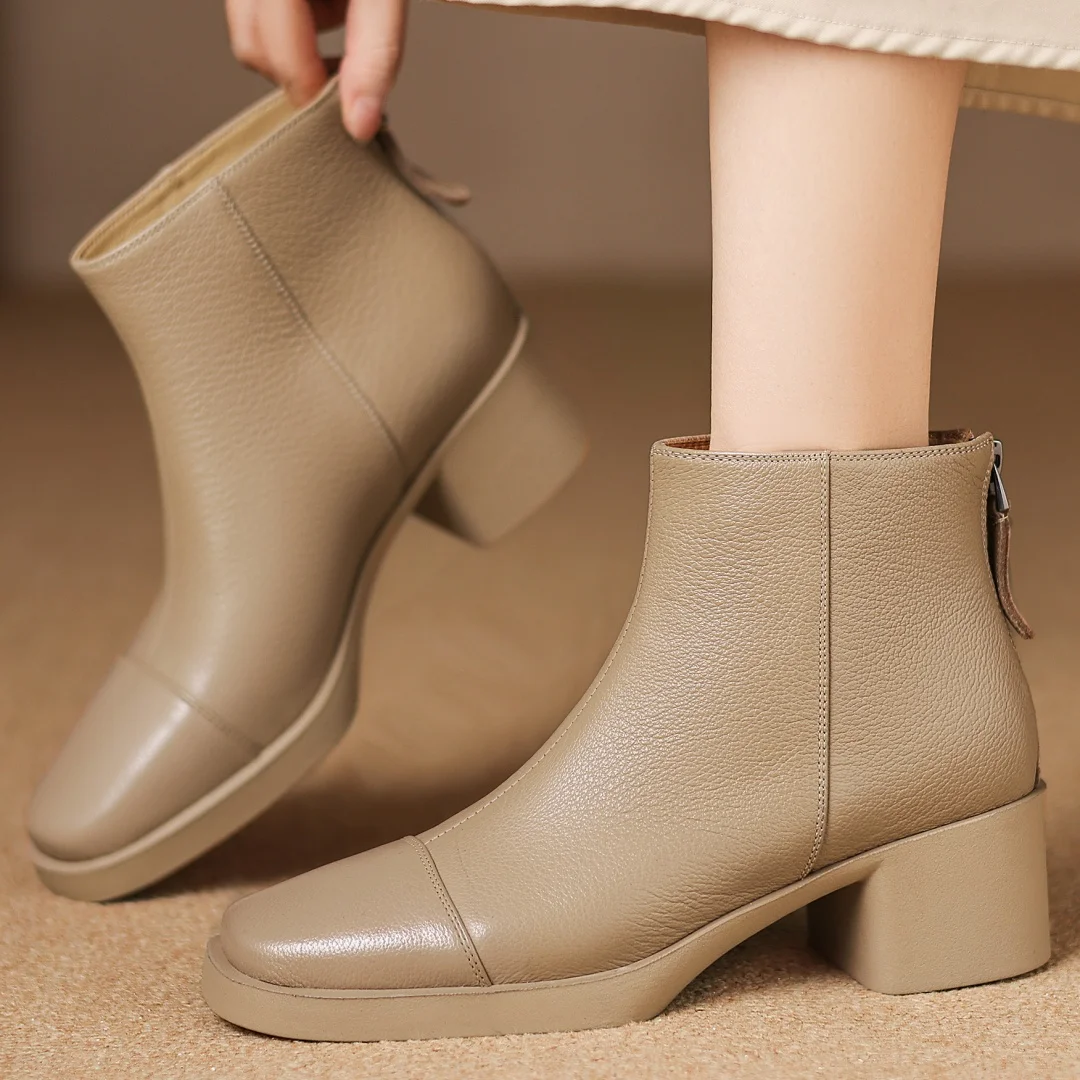 

Plus size 34-41 women's sheepskin square toe back zip autumn ankle boots 5cm thick med heel elegant ladies short booties shoes