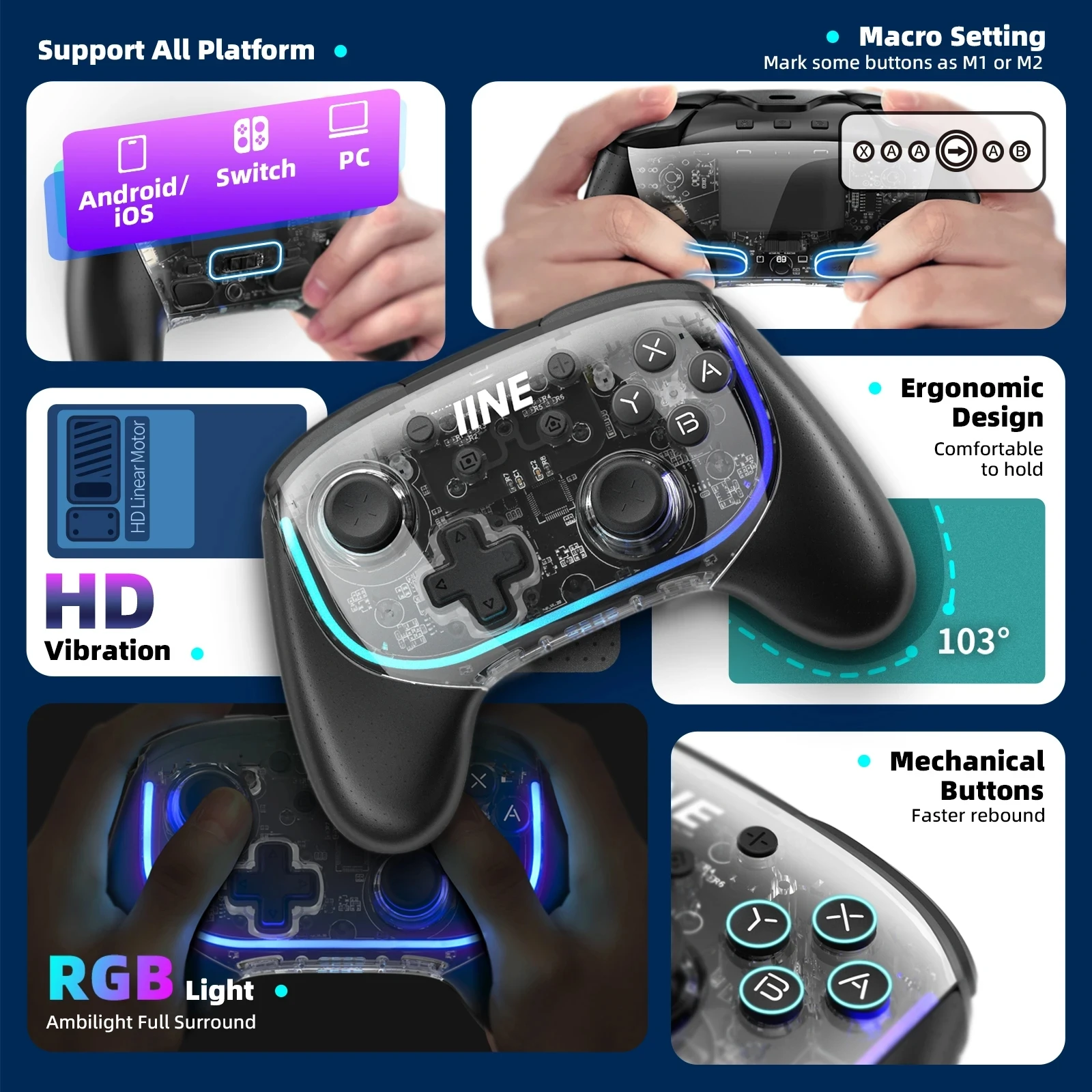 

IINE Phantom Elite Pro Mechanical Controller ALPS Analog Stick Multi-mode compatible FOR Switch PC Steam Phone