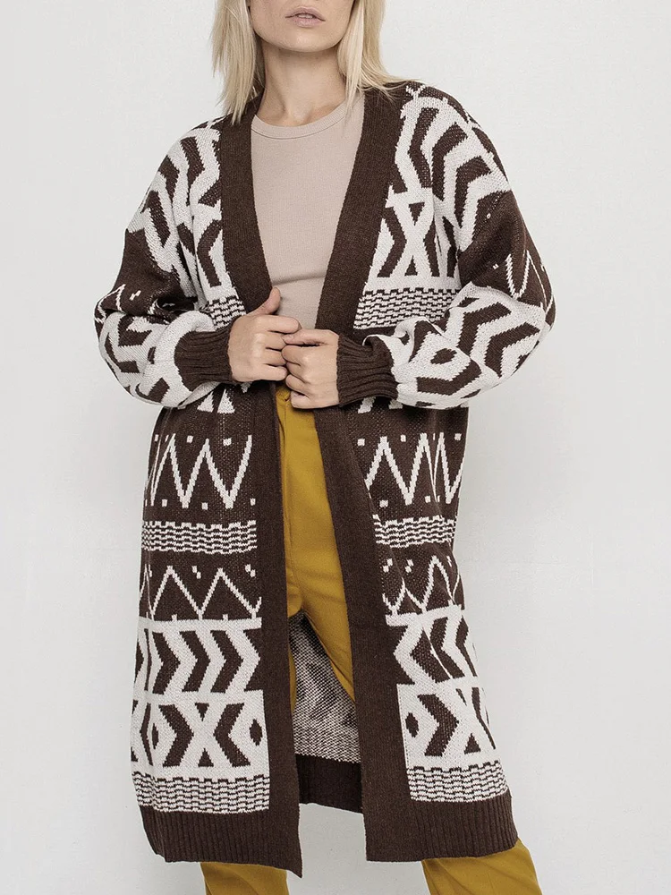 

Women's Long Lantern Sleeve Cardigan, V-Neck Sweater, Loose Coat, Casual Outerwear, All Match, Female Streetwear, Autumn, Wint