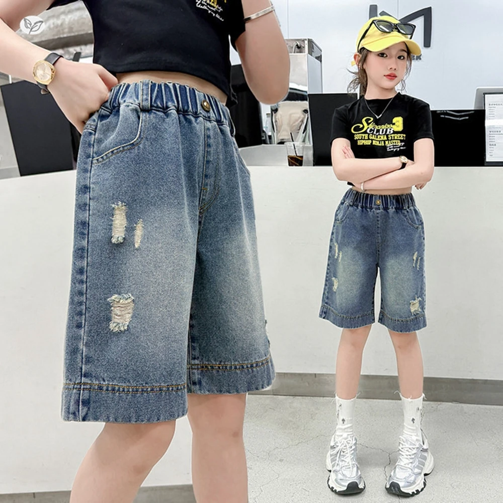 

New Style Kids Girl y2k Harajuku Distressed Ripped Denim Shorts Child Streetwear Mid-Waist Knee-Length Shorts Pants