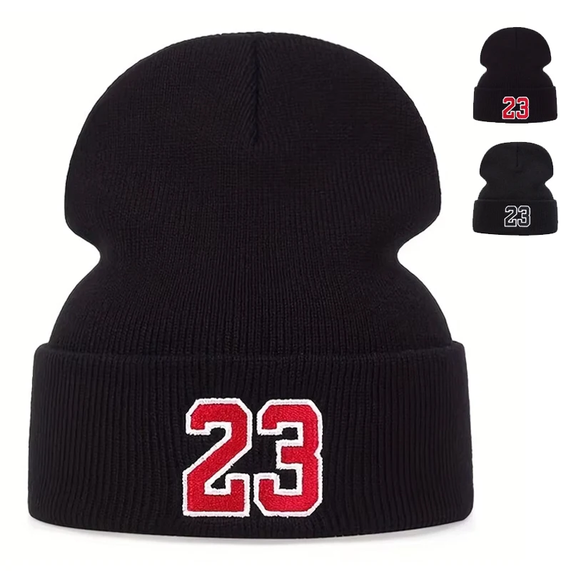 Unisex 23 Number Embroidery Beanies Autumn and Winter Outdoor Warm Knitted Hat Hip Hop Caps for Women Men