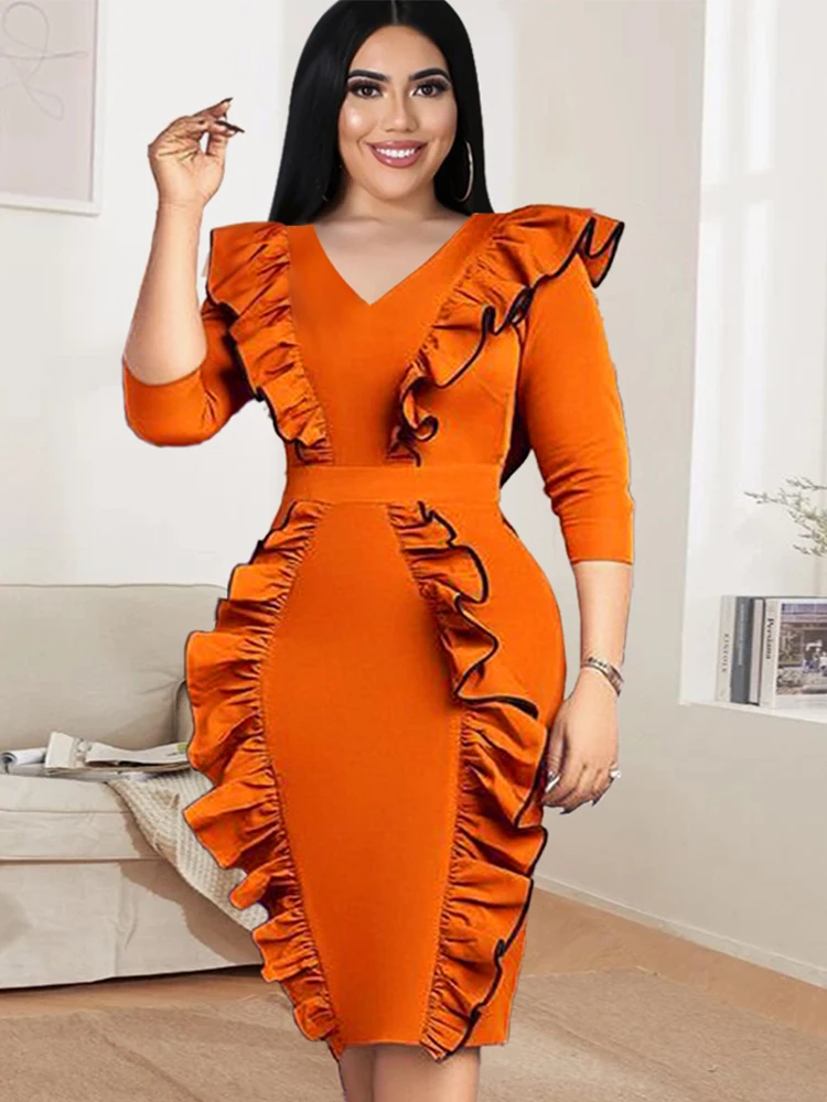 ONTINVA Plus Size Dresses Women Orange V Neck Long Sleeve Ruffles High Waist Bodycon Elegant Ladies Evening Event Party Gowns