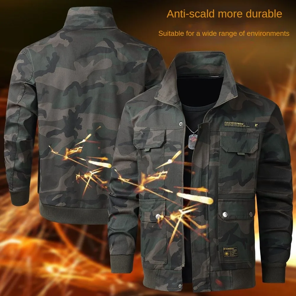 Minimalist Trendy Men's Protective Clothing Camouflage Work Suit Set With Large Pockets Made Of Spring And Autumn Elastic Cotton