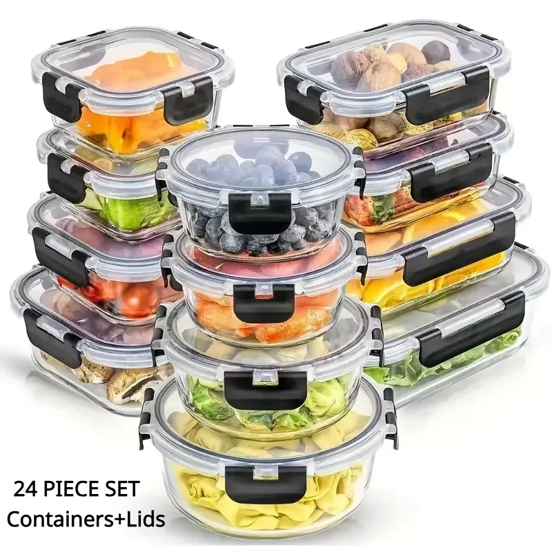 Contenitori ermetici per alimenti in vetro da 24 pezzi con coperchi a scatto - Microonde, forno, congelatore e lavastoviglie (12 coperchi + 12 ciotole
