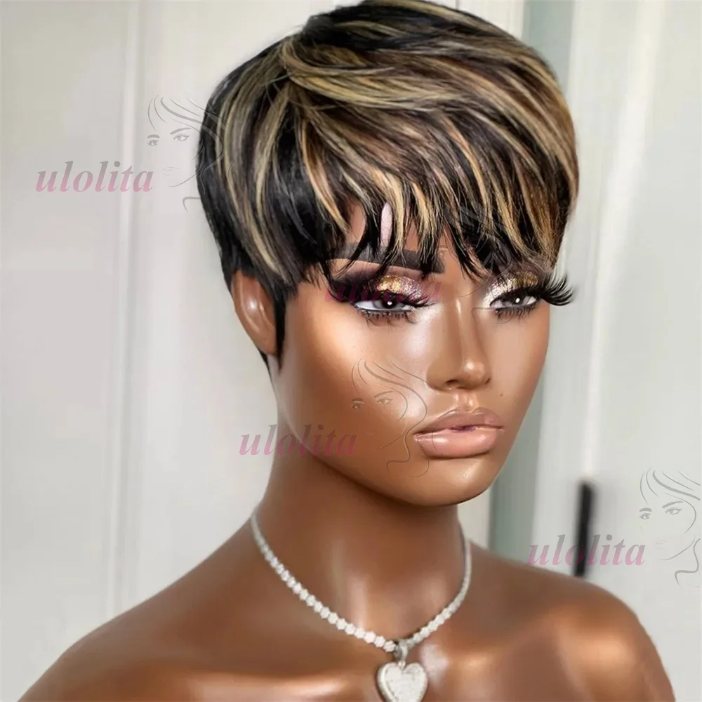 Kurze Echthaarperücke, vollständig maschinell gefertigte Perücke, gerade Pixie-Cut-Perücke aus Echthaar für Frauen, kurze Bob-Perücken mit Pony, Haarschnitt-Perücken – Detail 3