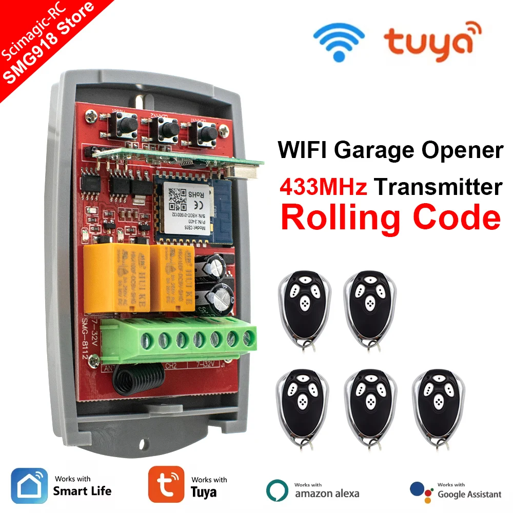 Tuya-Récepteur de porte de garage universel Smart Wifi, interrupteur de porte, télécommande 2CH, ouvre-porte, émetteur à code roulant 433.92mhz