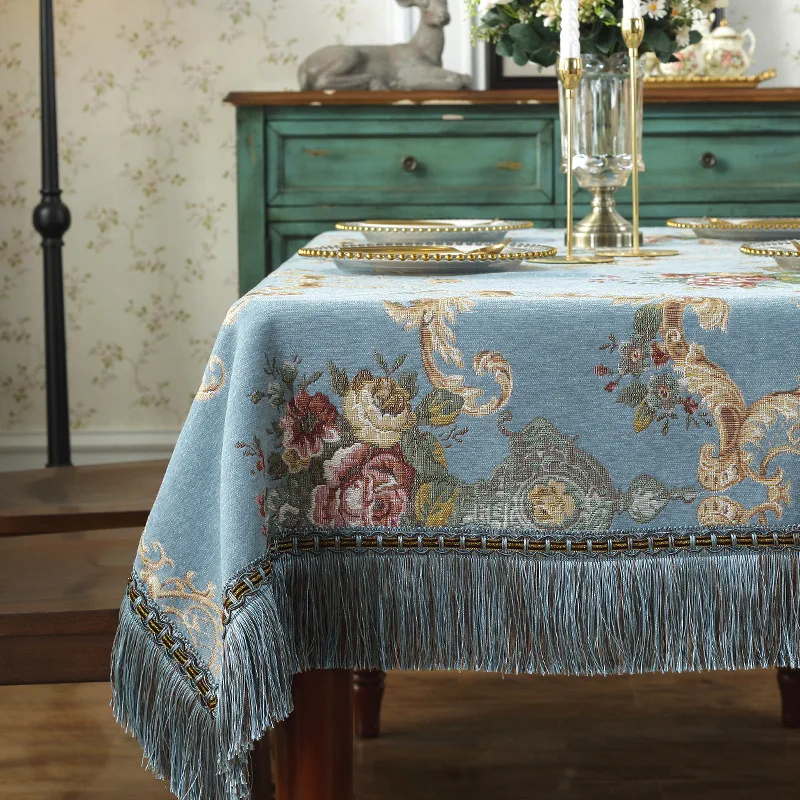 European Style Flower Tassel Tablecloth Thicken Chenille Rectangular Table Cover Round Dining Table Coffee Cloth Dust-proof