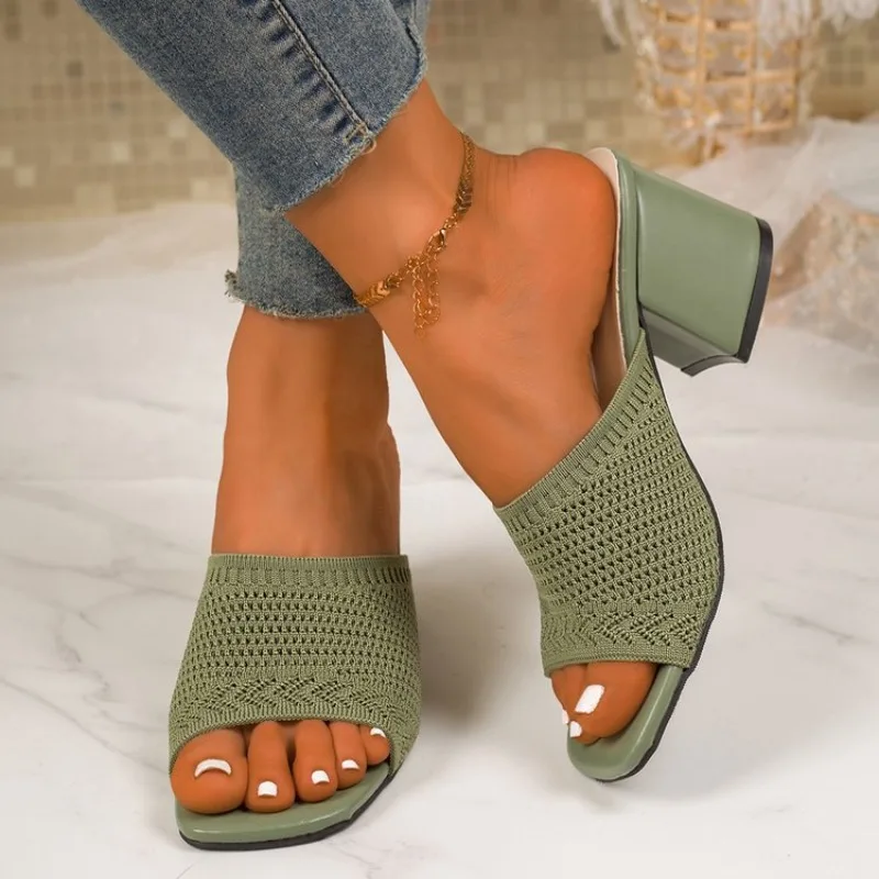 

Женские сандалии и шлепанцы на каблуке-рюмочке больших размеров, летние, новые, модные, из тканого материала