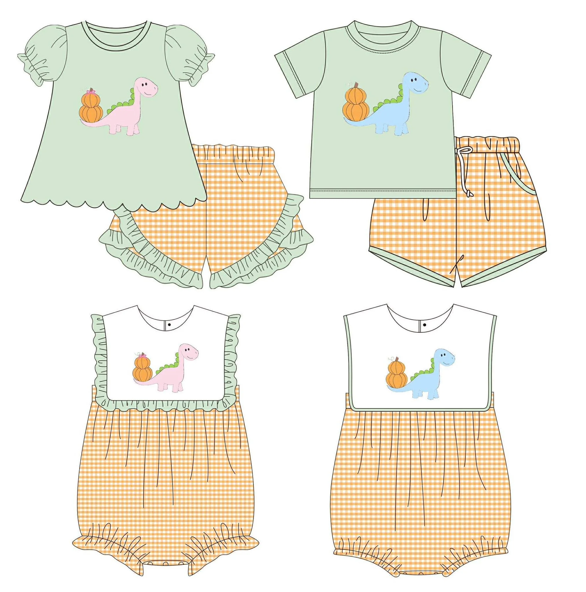 New Thanksgiving Dinosaur and Pumpkin Print Green Short-sleeved Shirt and Orange Plaid Shorts Boy and Girl Boutique Set and Romp