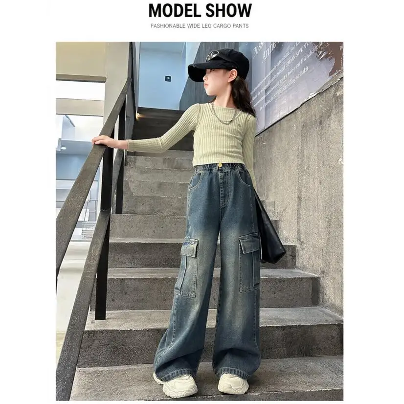 Mädchen Frühling Herbst Cargo Weite Bein Jeans 4-14 Jahre Kinder Elastische Hohe Taille Multi-Taschen Lose Freizeithose – Detail 31