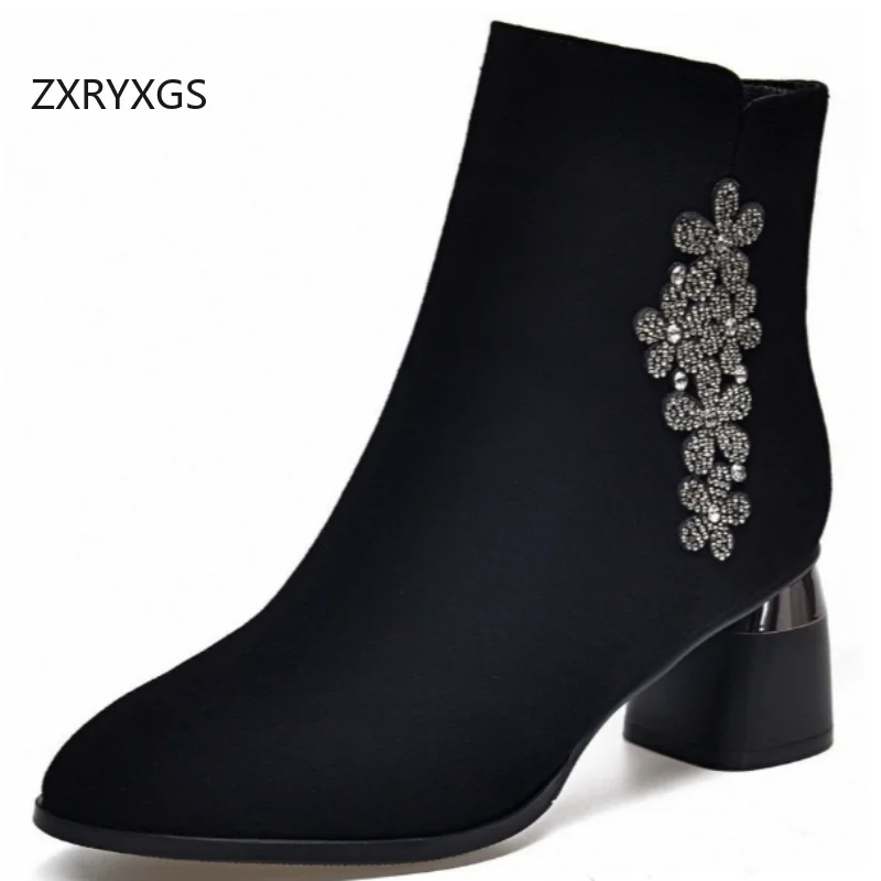

ZXRYXGS Premium Frosted Sheepskin Rhinestone Shoes Fashion Boots 2026 Pointed Autumn Winter Boots Women Shoes Heel High 3 / 5 Cm