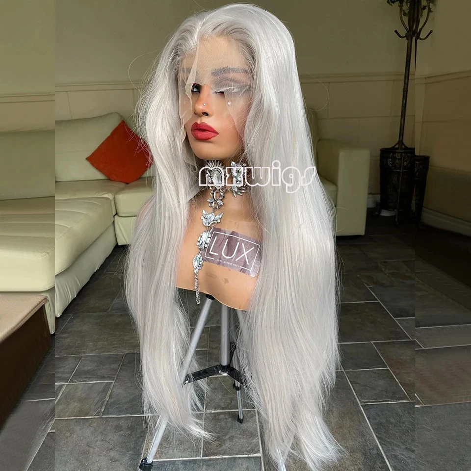 MXWIG Synthetic Hair Grey Straight Blonde Glueless 13X4 Lace Front Wig For Black Women Preplucked Daily Fiber Cosplay