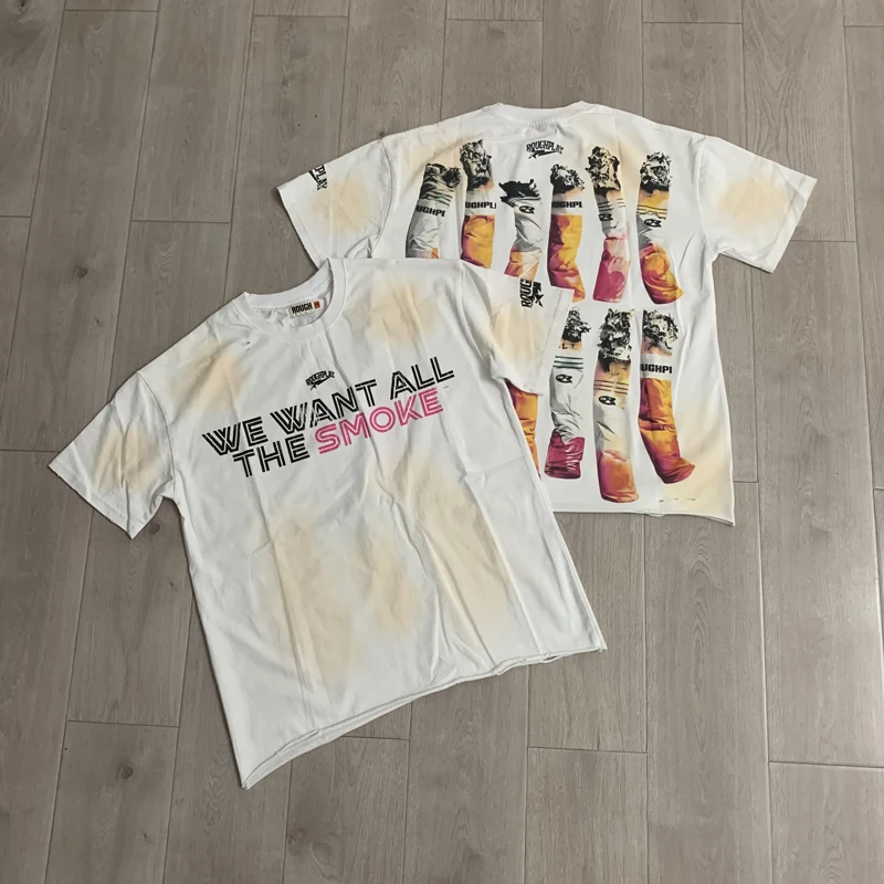 Streetwear Cigarette Prints Classic Personality Hip-hop Roughplay Tee Tops Washed Retro Distressed Short Sleeved T-shirt