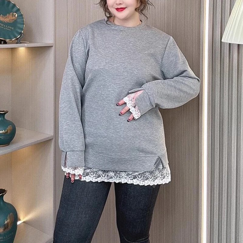 Plus Size Dames 2025, Lente Kant, Losvallend, Halflang Sweatshirt, Afslankende, Heupbedekkende Casual Top