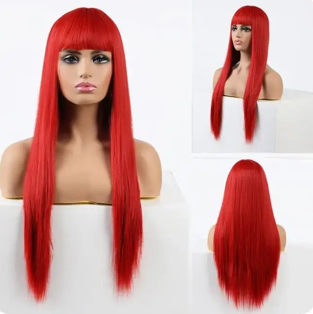 Wig Cosplay lurus panjang dengan poni rambut sintetis untuk wanita Wig tahan panas hitam merah anggur