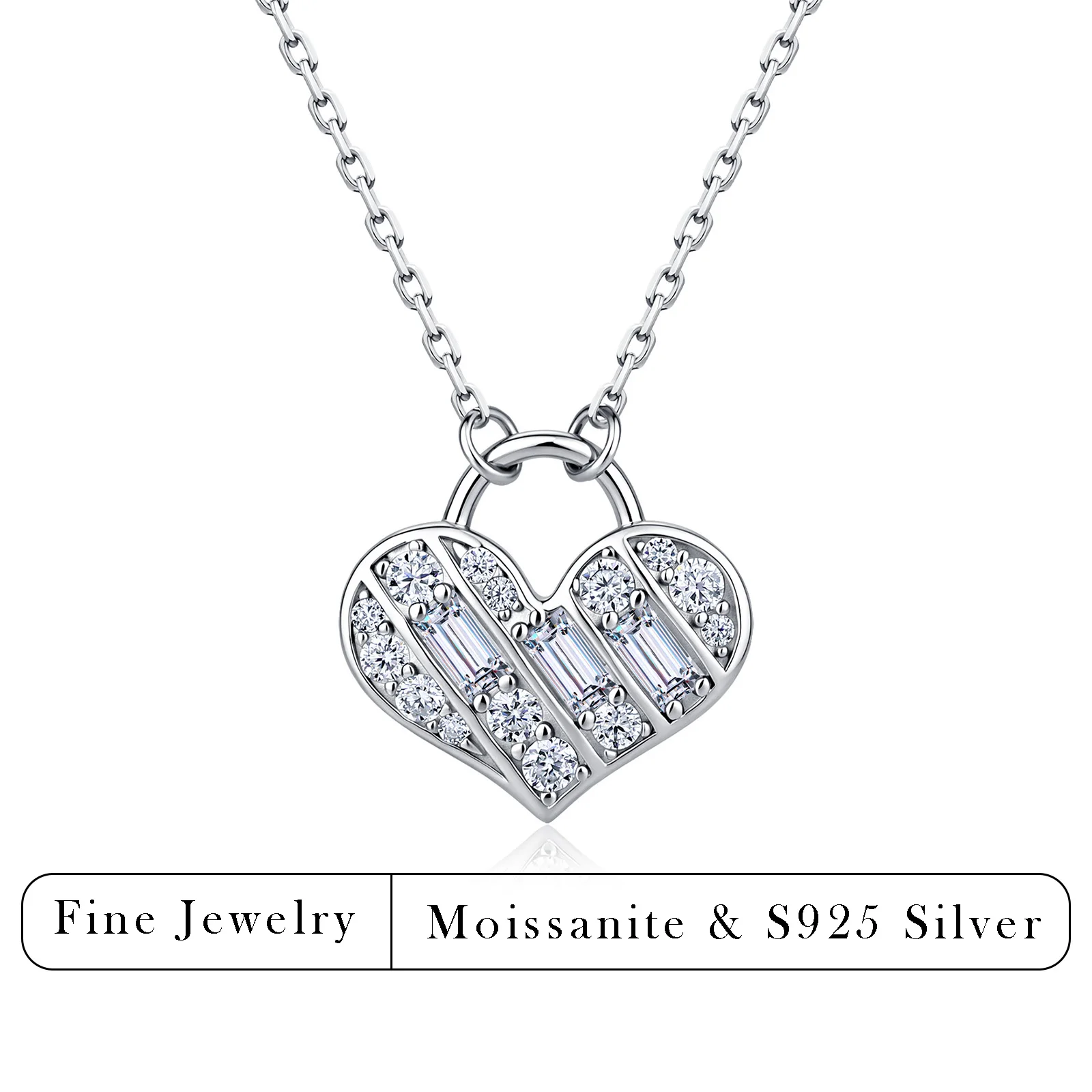 0.53CTW Baguette Round Moissanite Heart Pendant Necklace 925 Sterling Silver Love Jewelry For Women Gift